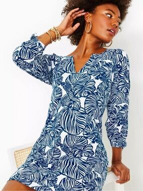 Lilly Pulitzer Cath 3/4 Sleeve Dress Navy White Beach Path Sz XS Resortwear EUC